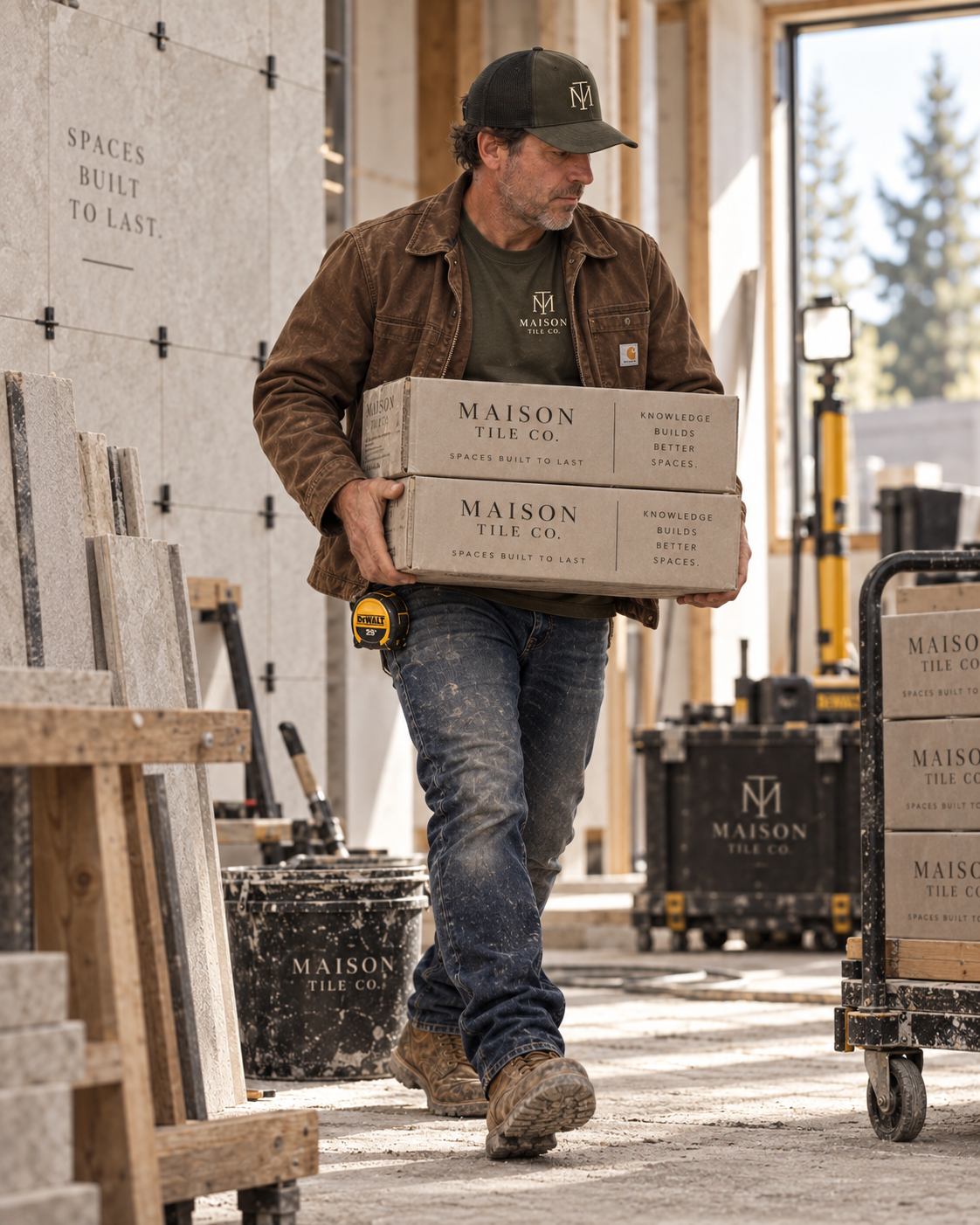 Installer handling and staging tile materials on a commercial job site