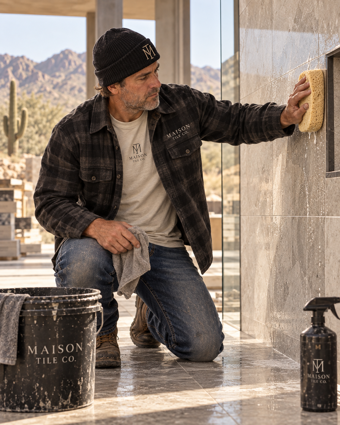 Installer cleaning and finishing a completed tile floor surface after installation