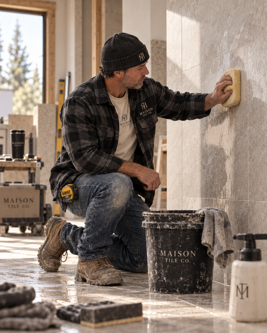 Installer cleaning grout haze from a wall tile installation