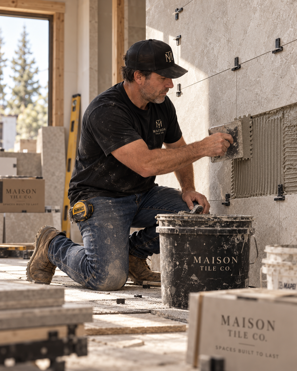 Installer applying mortar to a wall surface with a notched trowel during commercial tile installation