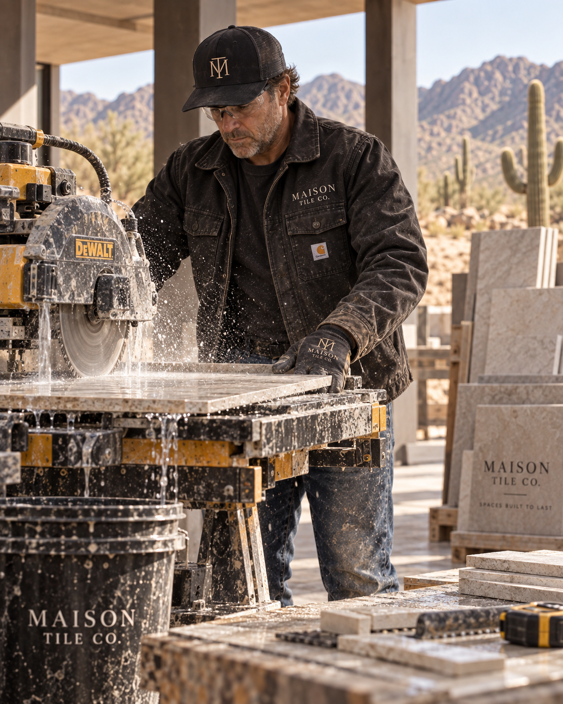 Installer making a precision cut on a tile using a wet saw on a commercial job site