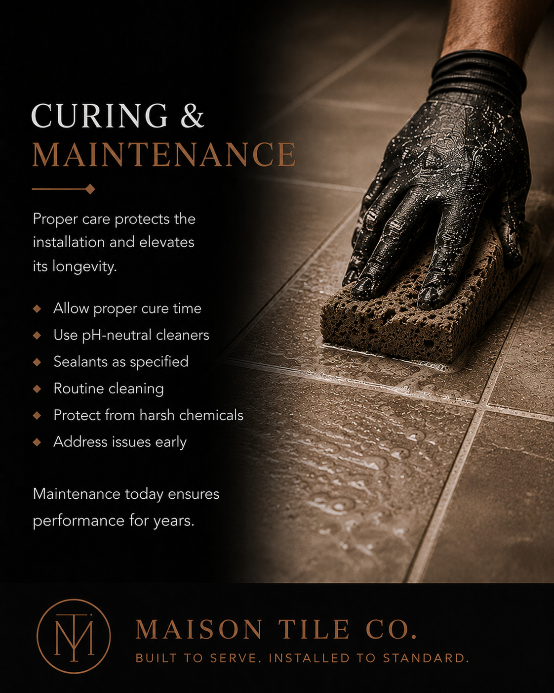 Educational poster 09: Curing and Maintenance — mortar cure time requirements, traffic protection, and post-installation care
