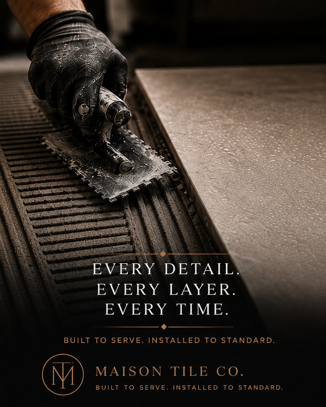 Educational poster 10: Every Detail. Every Layer. Every Time. — Maison Tile Co commitment to consistent installation standards on every project