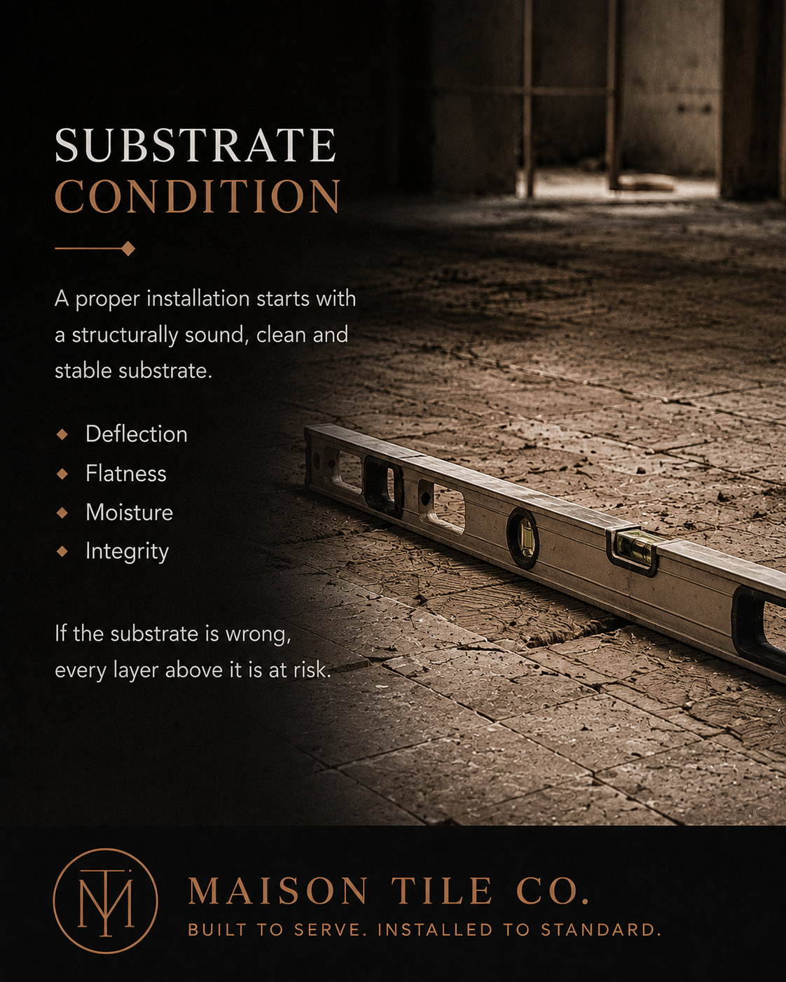 Educational poster 03: Substrate Condition — criteria for evaluating substrate flatness, strength, and moisture before tile installation