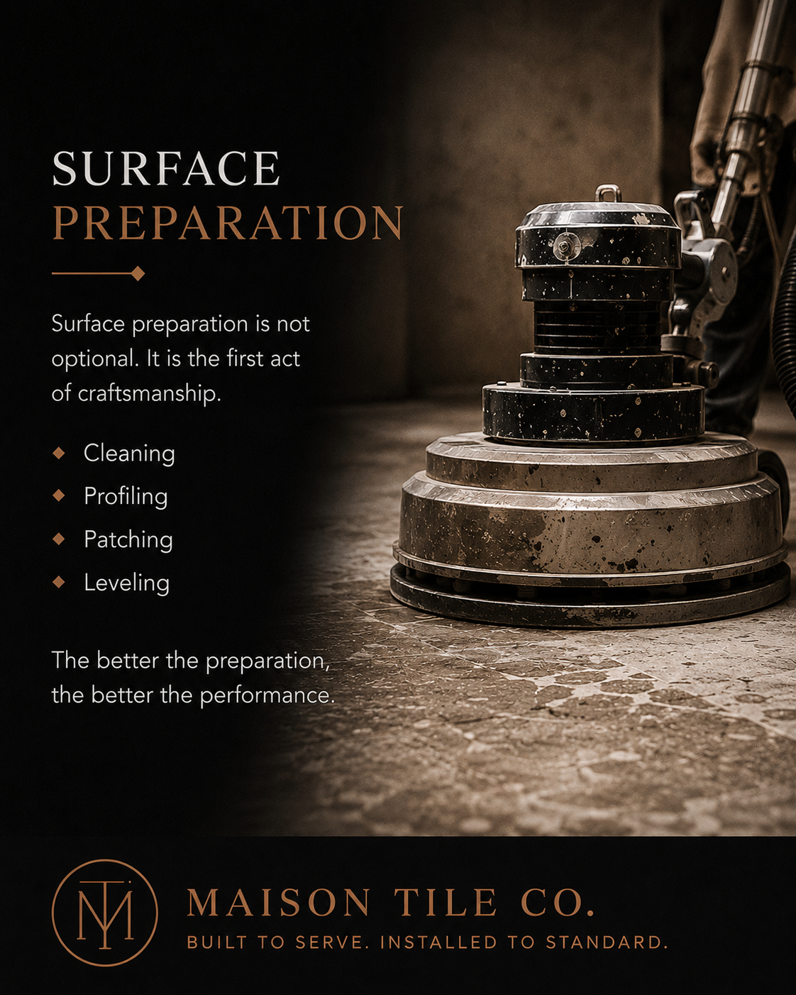 Educational poster 04: Surface Preparation — cleaning, priming, and conditioning the substrate to receive setting materials